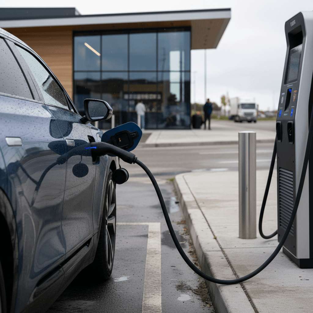 Cadillac Lyriq charging at a highway DC fast‑charging station during a road trip