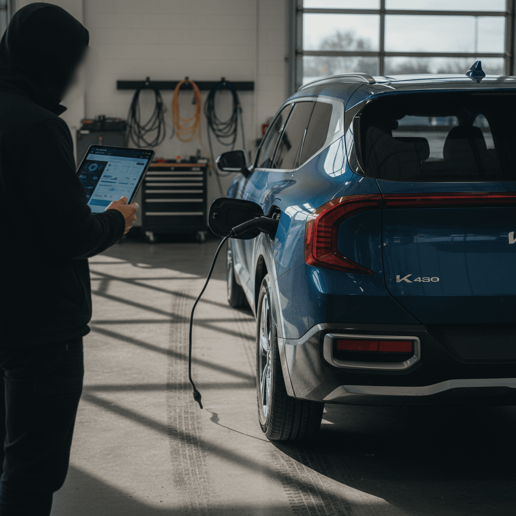 Technician using a tablet to run a battery health diagnostic on a used Kia EV9 in a service bay
