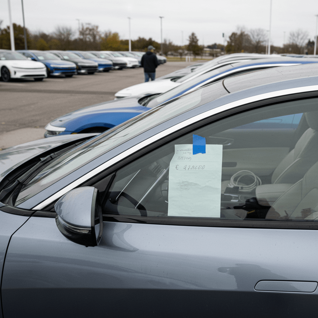 Used Lucid Air sedans lined up on a dealership lot, illustrating how far prices have fallen compared to original MSRP.