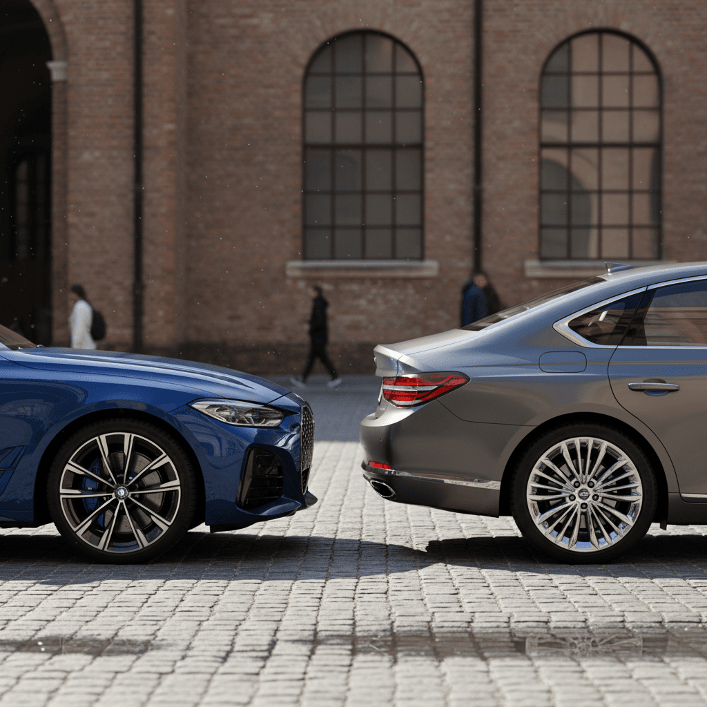 BMW i4 and Genesis G80 Electrified parked side by side, highlighting size and roofline differences