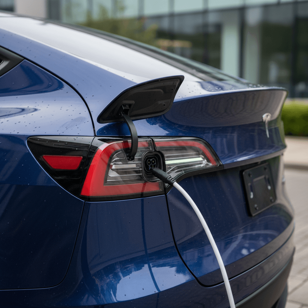Clean rear three‑quarter view of a 2024 Tesla Model Y highlighting the charging port and taillight area