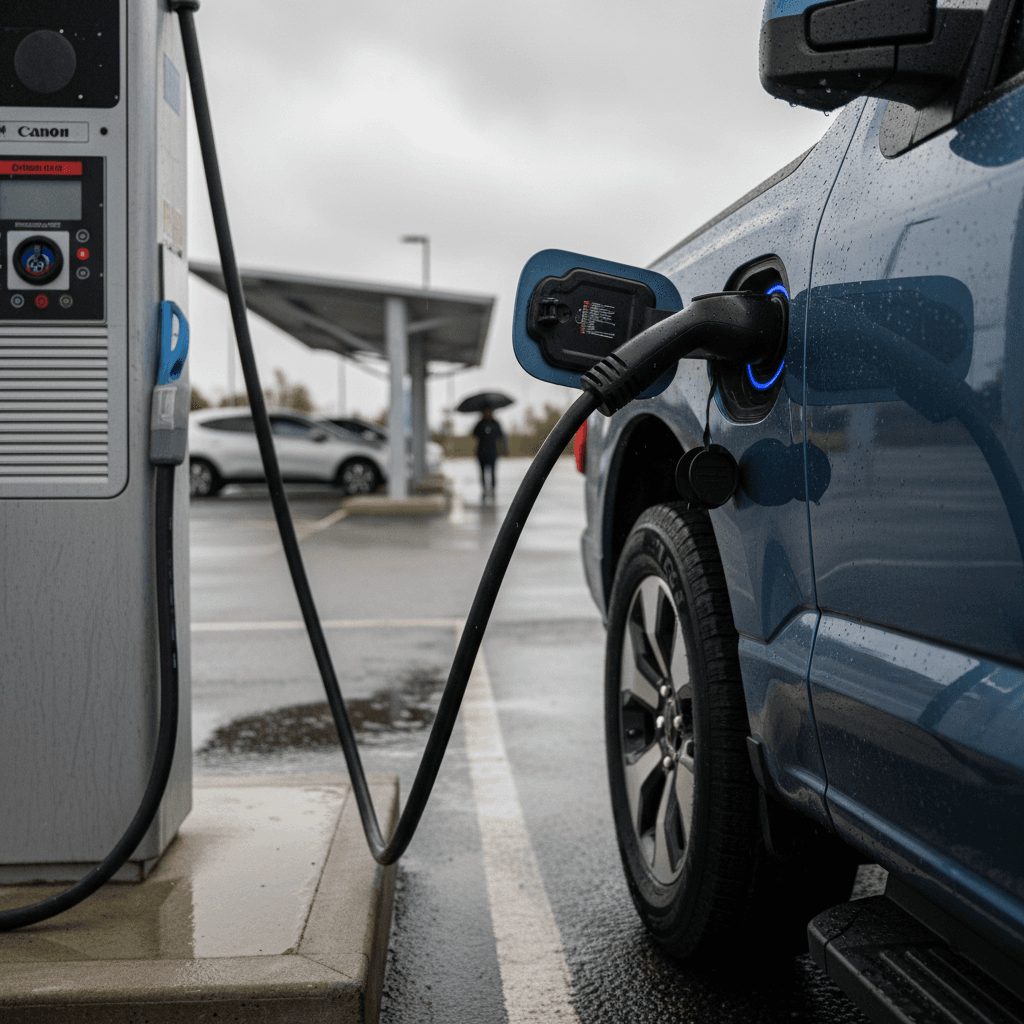 Ford F-150 Lightning plugged into a DC fast charger at a public station