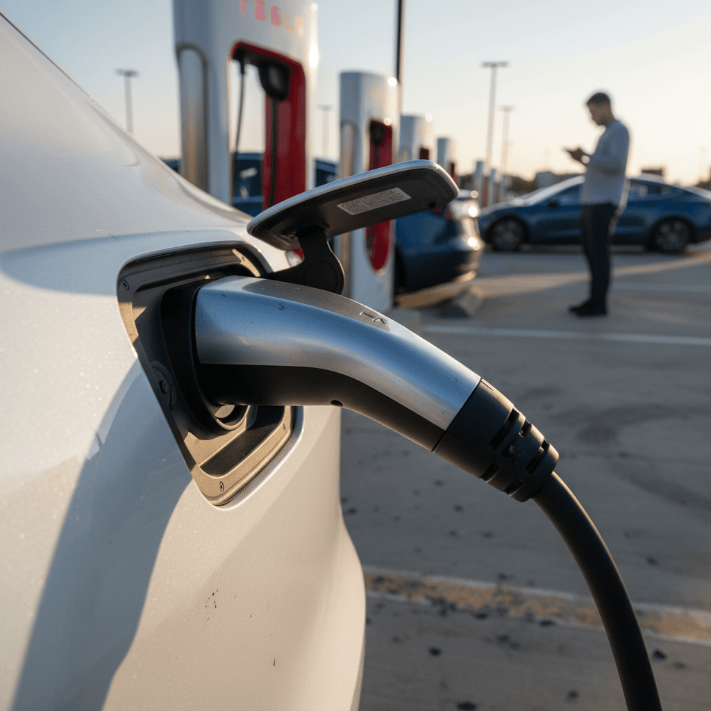 Electric vehicles moving along an automated assembly line inside a modern factory