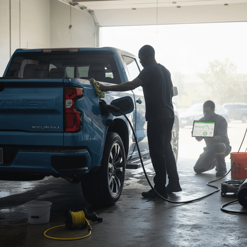 Owner cleaning a Chevrolet Silverado EV and reviewing a battery health report before selling the truck