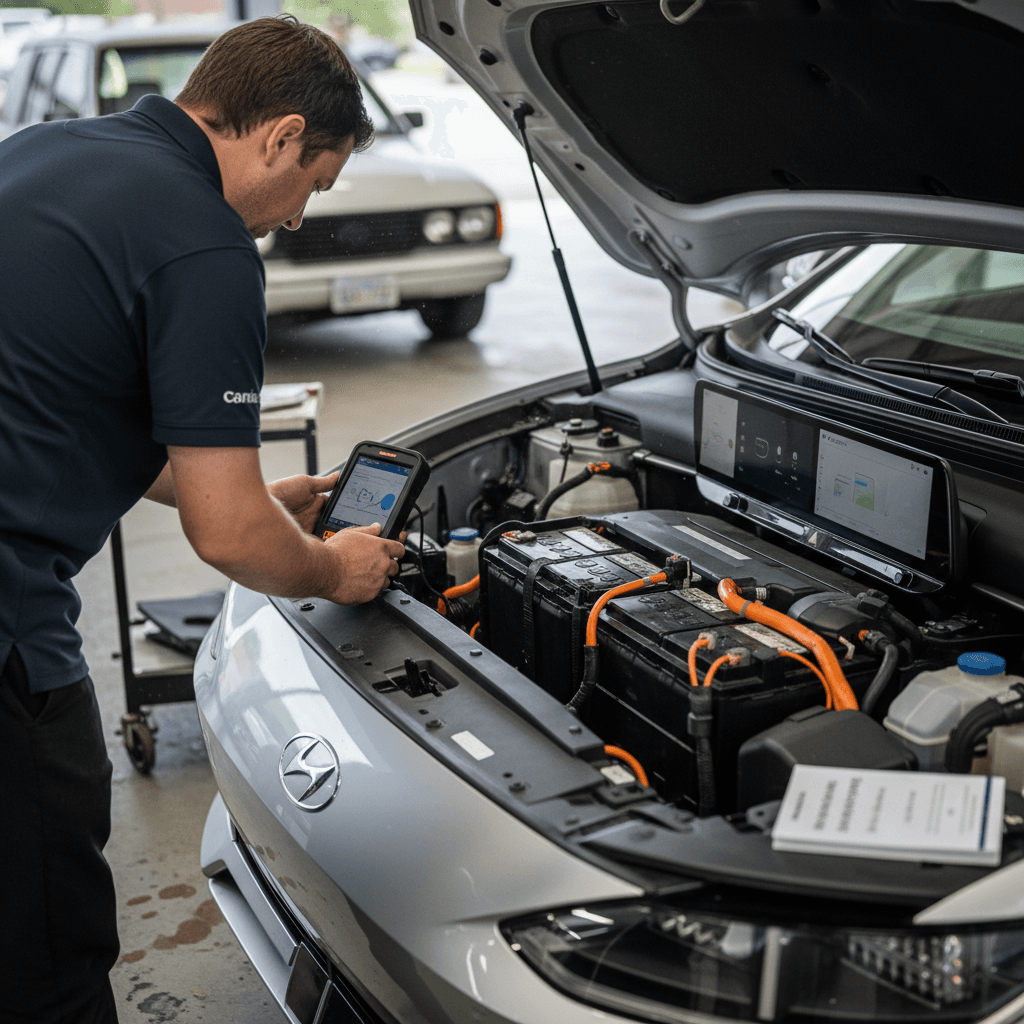 Technician connecting diagnostic tool to a Hyundai Ioniq 6 to check EV battery health before trade in