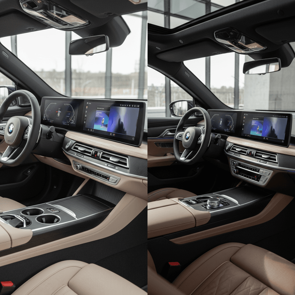 Side by side interior view of Lucid Air and BMW i7 cabins highlighting large infotainment screens and ambient lighting