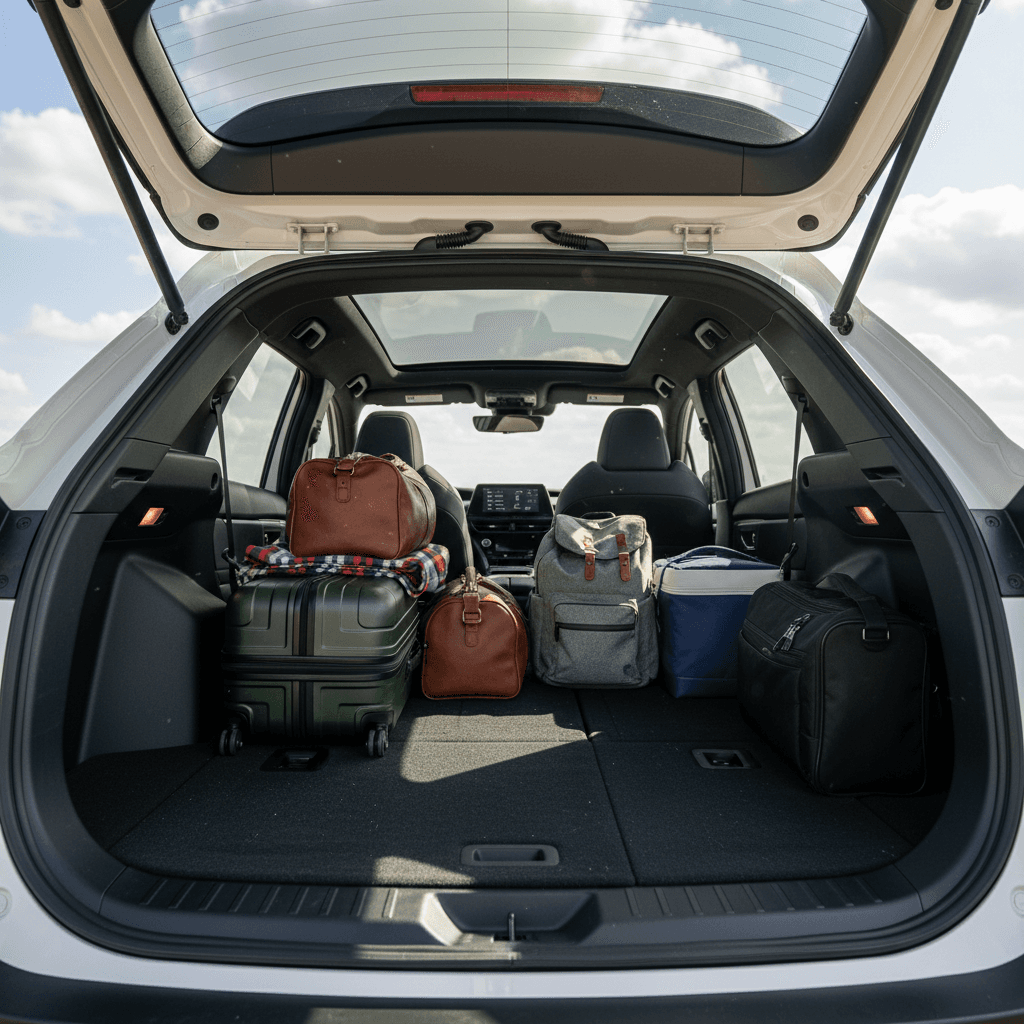 Toyota bZ4X interior viewed from rear with seats folded flat and luggage loaded