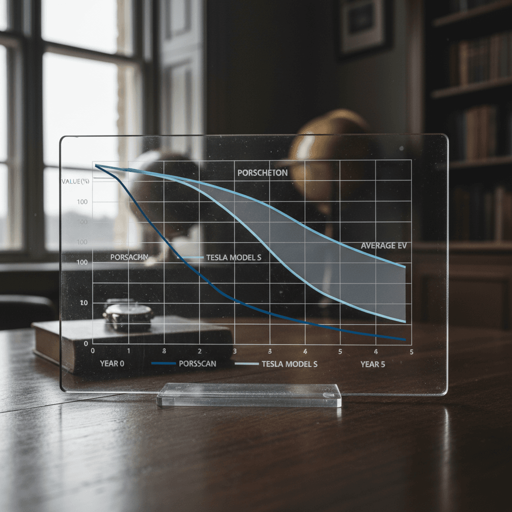 Line chart visualizing Porsche Taycan depreciation over 5 years compared to Tesla Model S and the average luxury EV, showing a steep initial drop then flattening out.