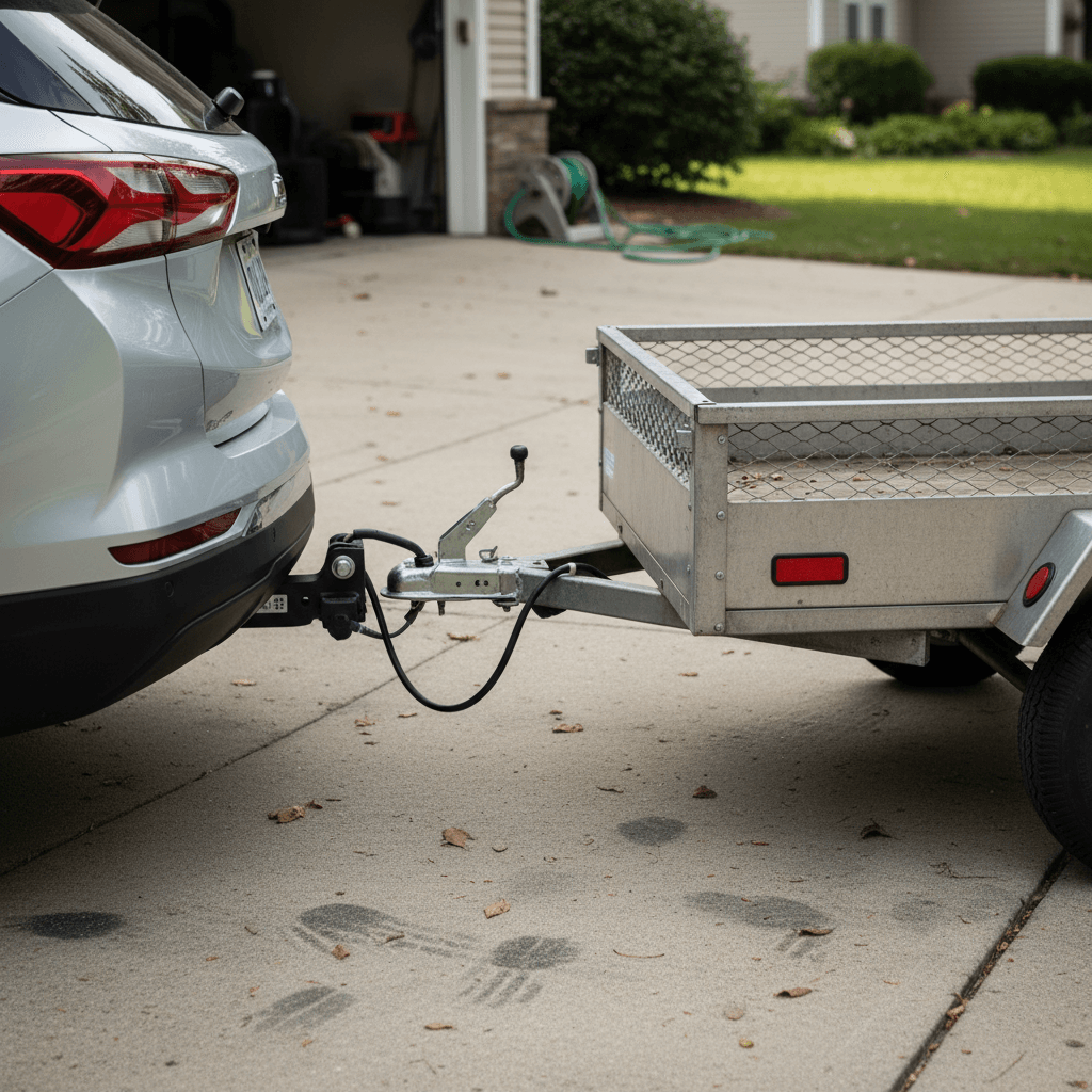 Chevrolet Equinox EV with a small trailer attached to the rear hitch in a driveway