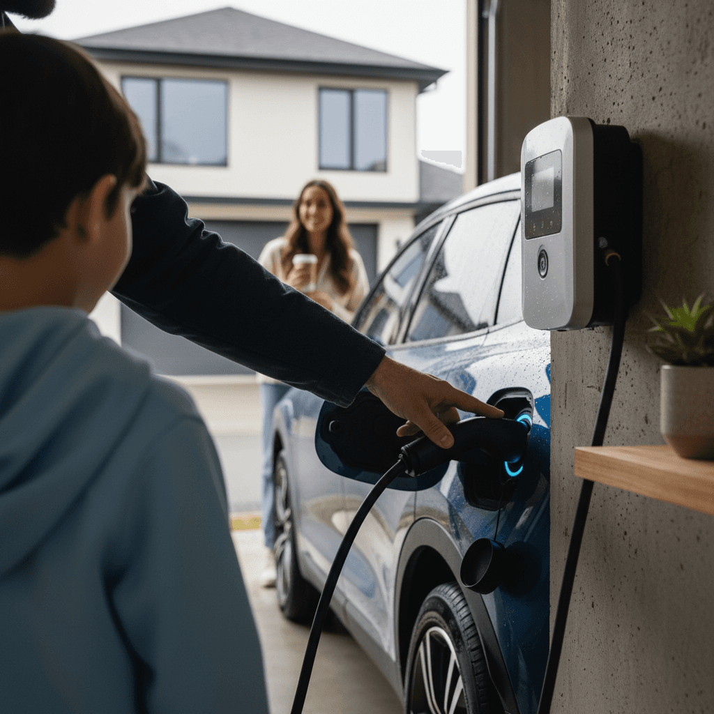 Family comparing prices on an electric car inside a dealership showroom