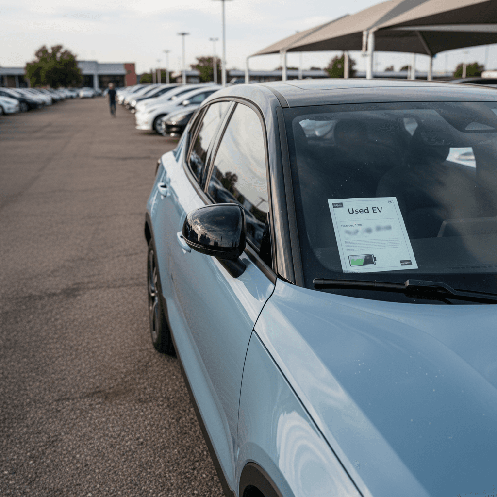 Row of used Volvo EX30s parked on a dealer lot, highlighting variety of colors and trims available on the used market