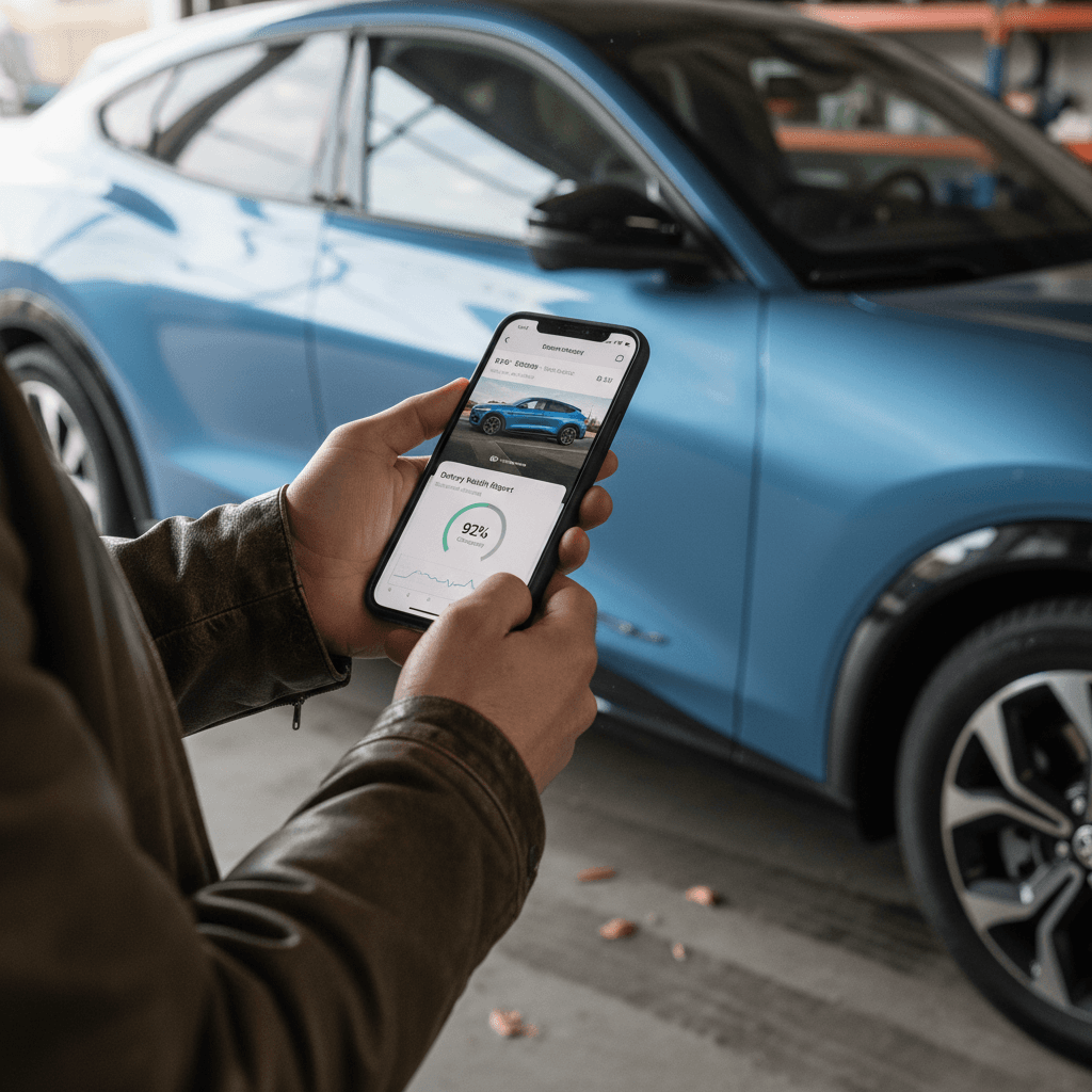 Owner reviewing a used Ford Mustang Mach‑E online listing with a digital battery health and condition report displayed on a smartphone
