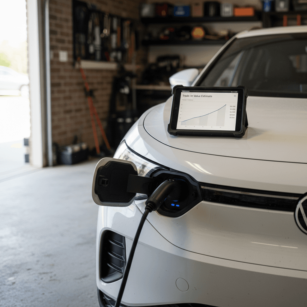Volkswagen ID.4 charging while a tablet shows an estimated trade‑in value and battery health report