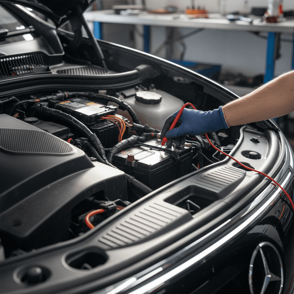 Technician accessing the Mercedes EQS 12V battery in the front compartment and inspecting wiring connections