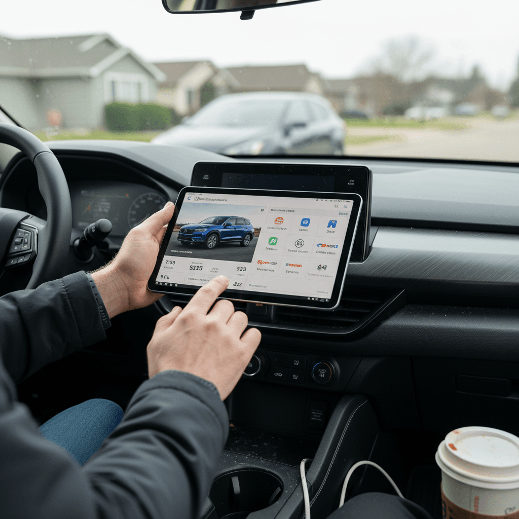 Owner comparing multiple online offers to sell a Honda Prologue on a tablet at home