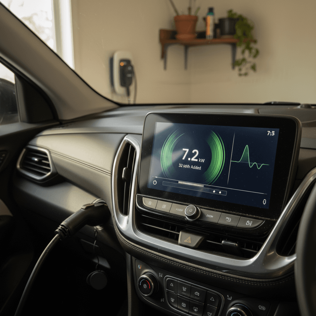 Chevrolet Equinox EV driver display showing energy consumption and estimated range while charging at home