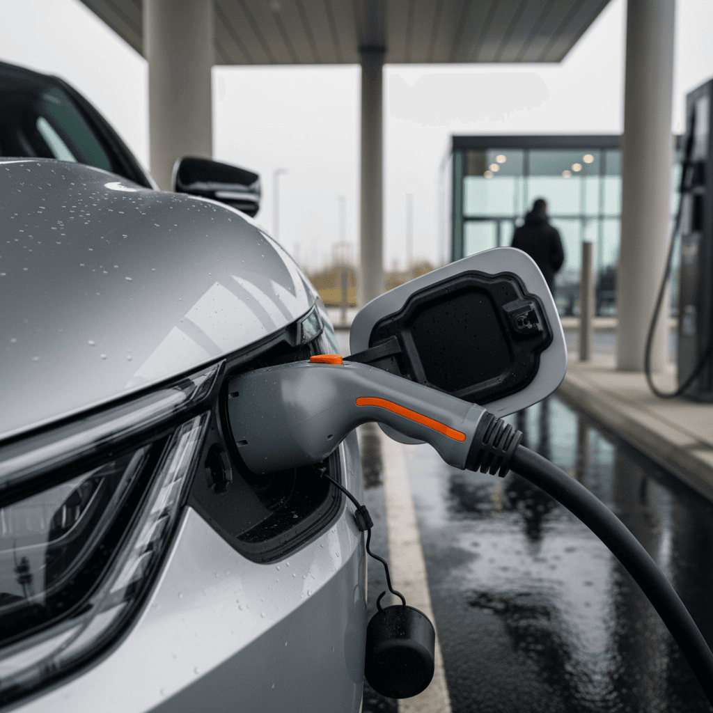 2022 Kia EV6 plugged into a DC fast charger at a modern charging station