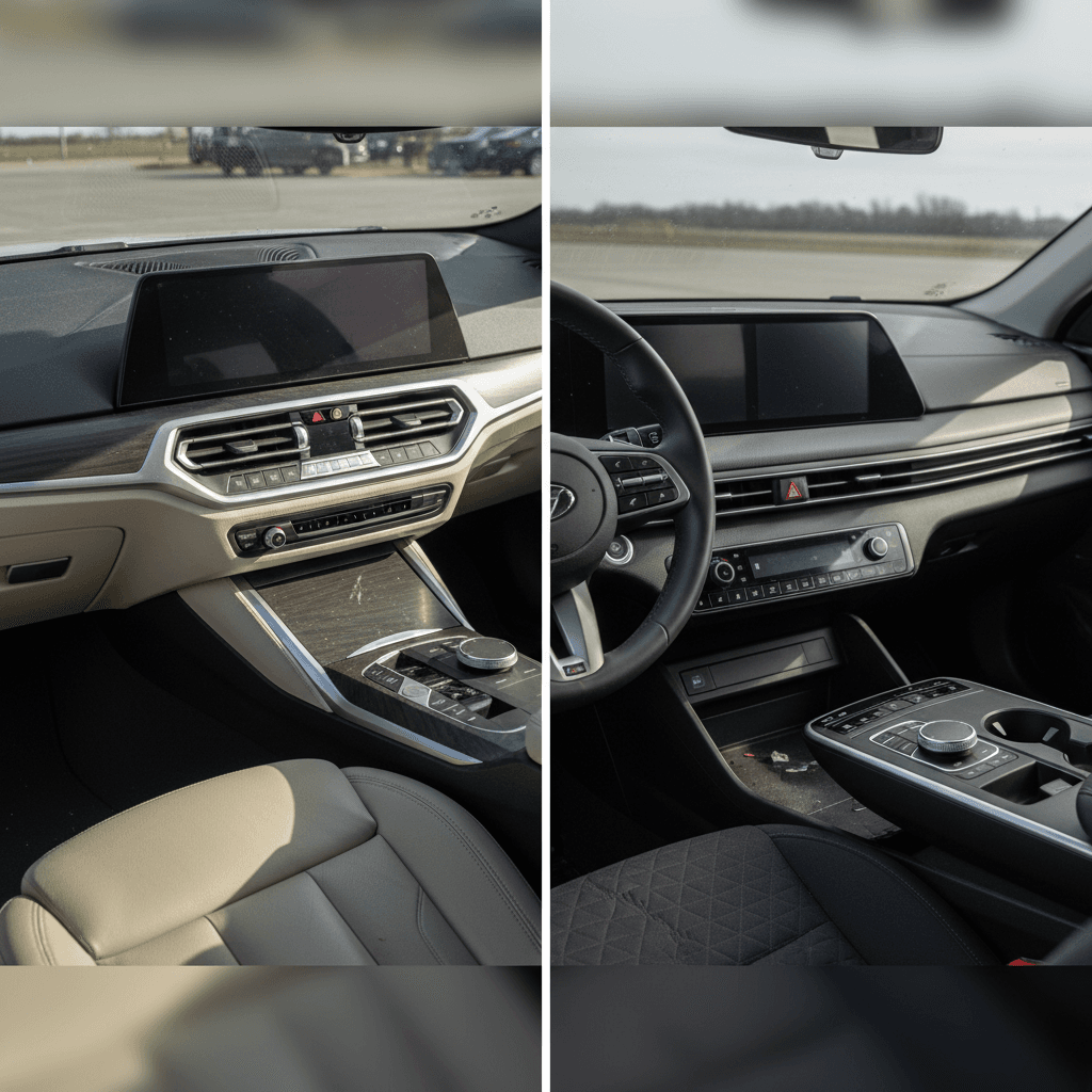 Side-by-side interior comparison of a used BMW i4 and Hyundai Ioniq 6, highlighting cockpit design and infotainment screens