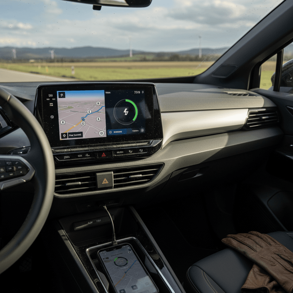 Driver using navigation and charging apps on the center touchscreen of a Volkswagen ID.4 during a road trip