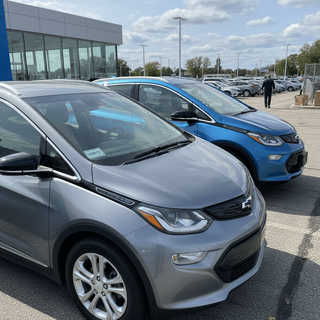 Chevrolet Bolt EV parked in a used car lot showcasing compact hatchback design and modern interior