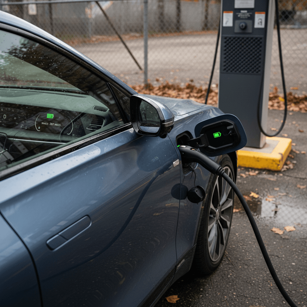 Cadillac Lyriq plugged into a DC fast charger with range shown on the digital instrument cluster