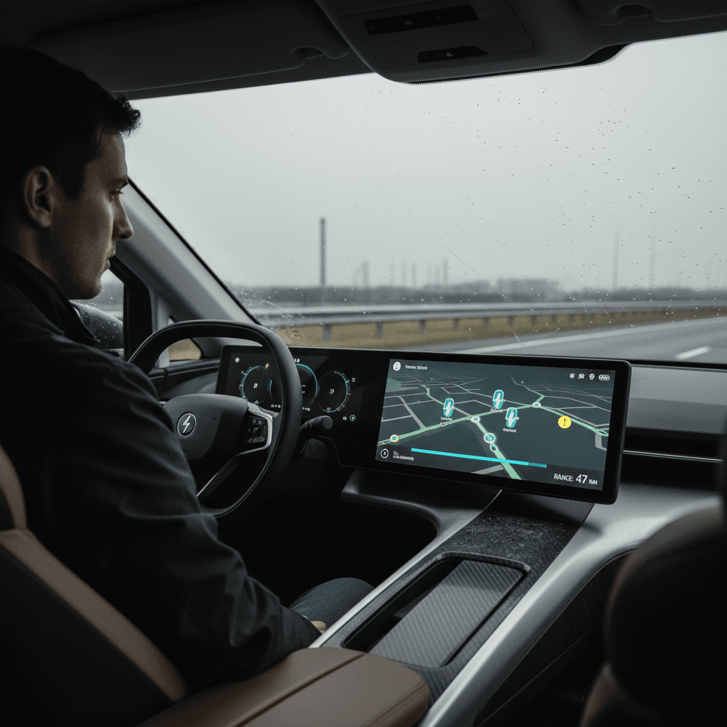 EV driver checking navigation and remaining range on a central touchscreen while planning a charging stop
