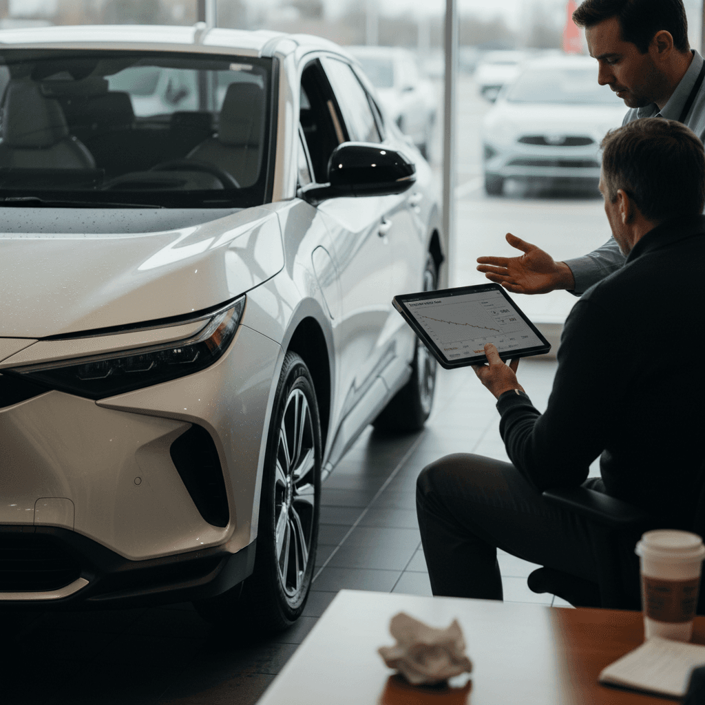 Owner and salesperson reviewing a trade-in offer for a 2023 Toyota bZ4X at a dealership