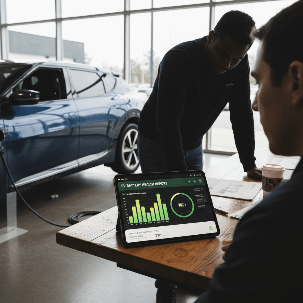 EV specialist and customer reviewing a tablet showing a used electric vehicle battery health score report in a showroom