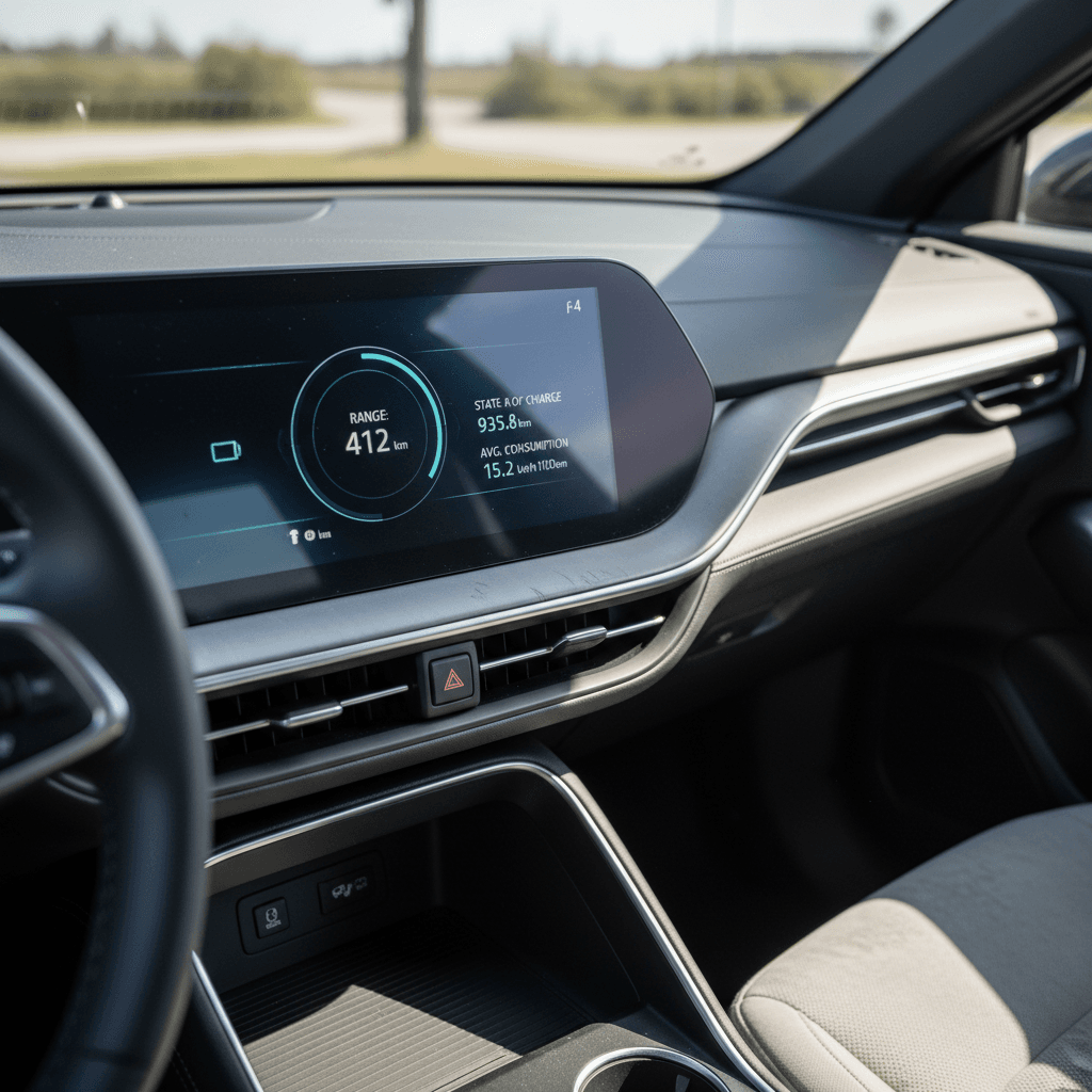 Close-up of the 2023 Fisker Ocean digital instrument cluster showing remaining range, battery state of charge, and trip information