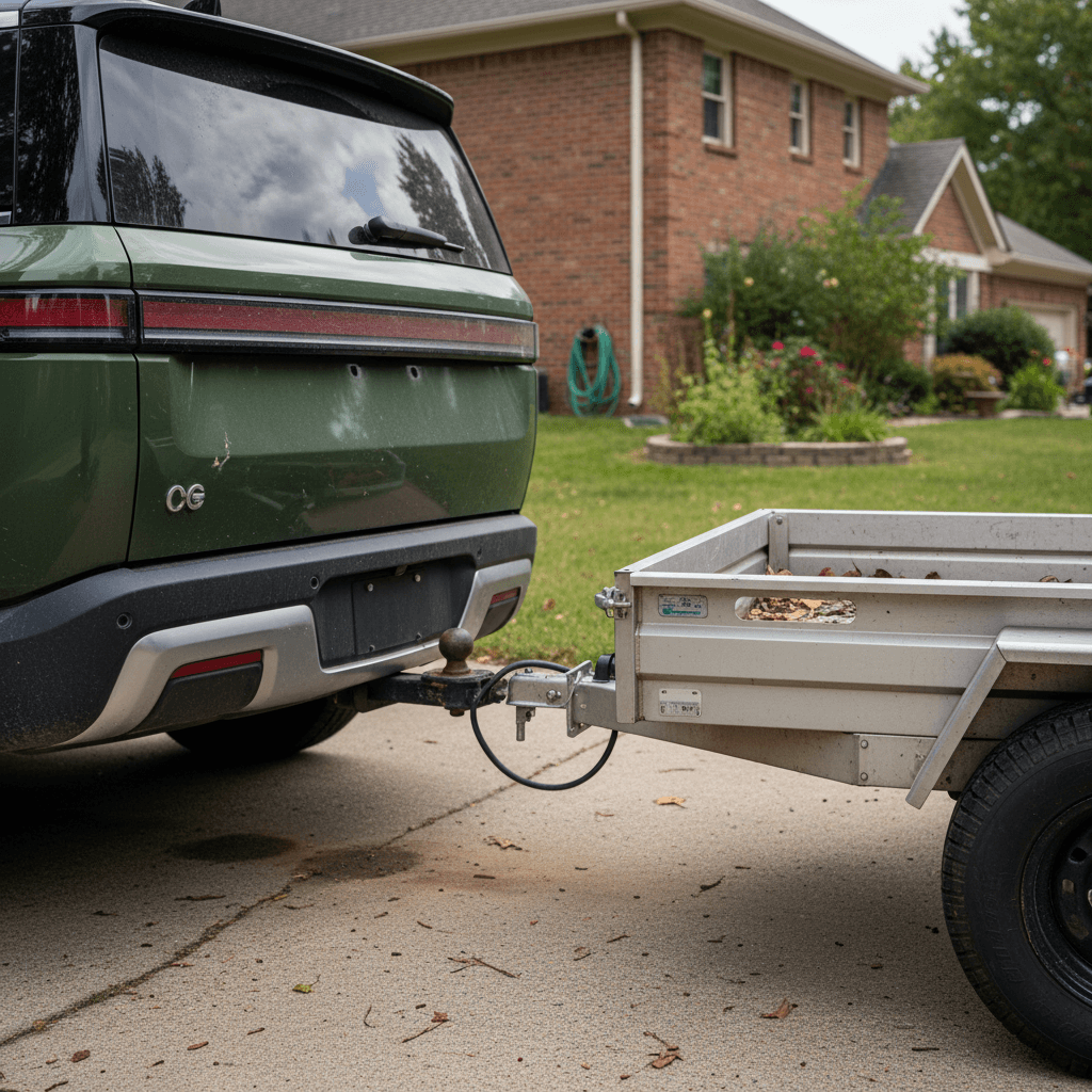 Close-up of an electric SUV tow hitch attached to a small trailer in a driveway, illustrating a used EV set up for towing