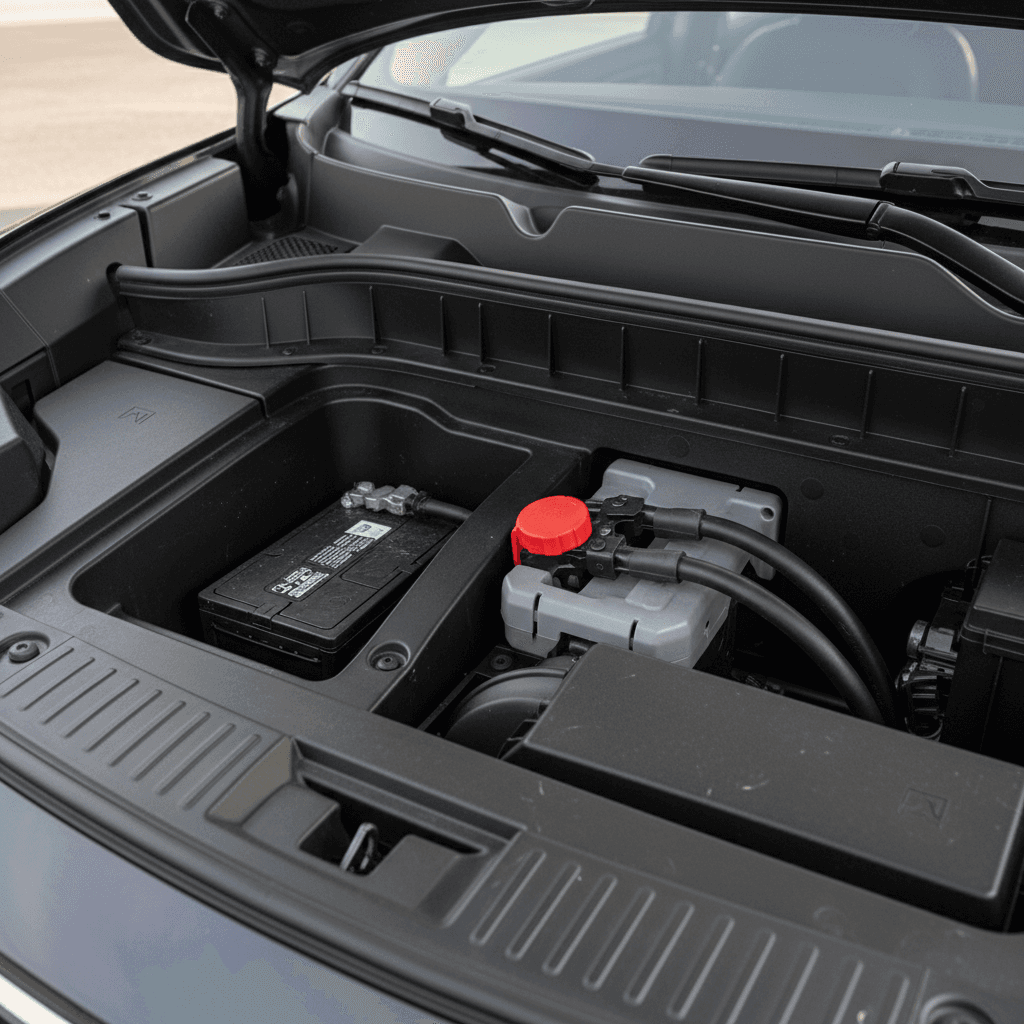 Close-up of the Honda Prologue’s front compartment showing the 12-volt battery and jump terminals.