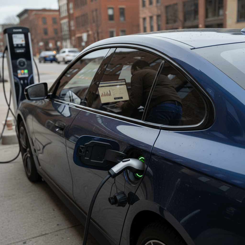 Owner reviewing a BMW i4 battery health report on a laptop while the car charges