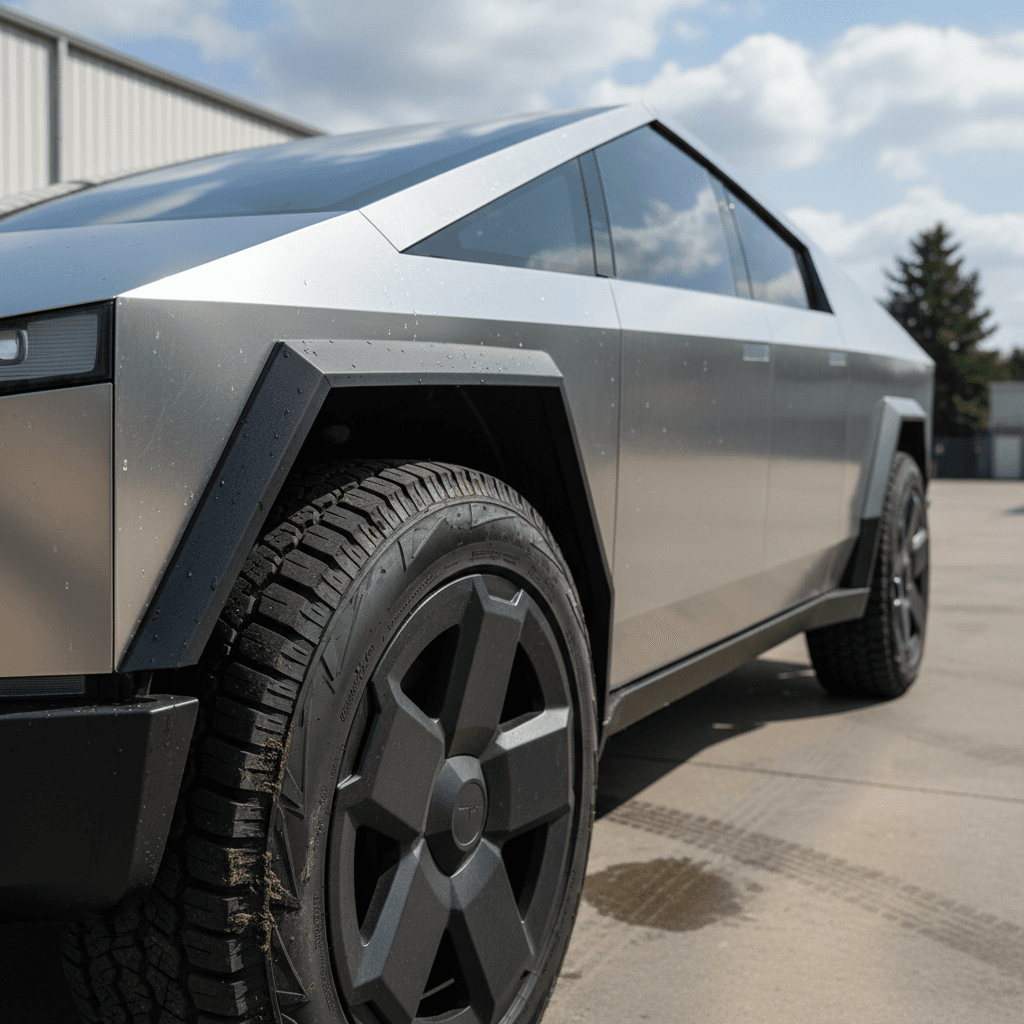 Close-up of Tesla Cybertruck stainless body panel and wheel where panel gaps and finish quality are clearly visible