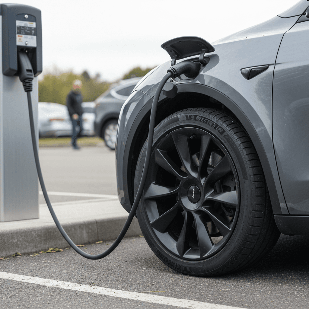Detail view of a 2023 Tesla Model Y charge port and rear wheel plugged into a public charger