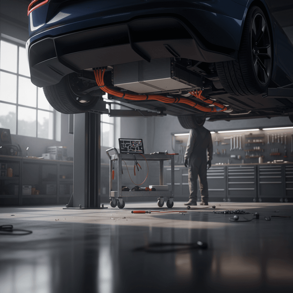 Exterior view of an auto repair shop at night with an illuminated open sign