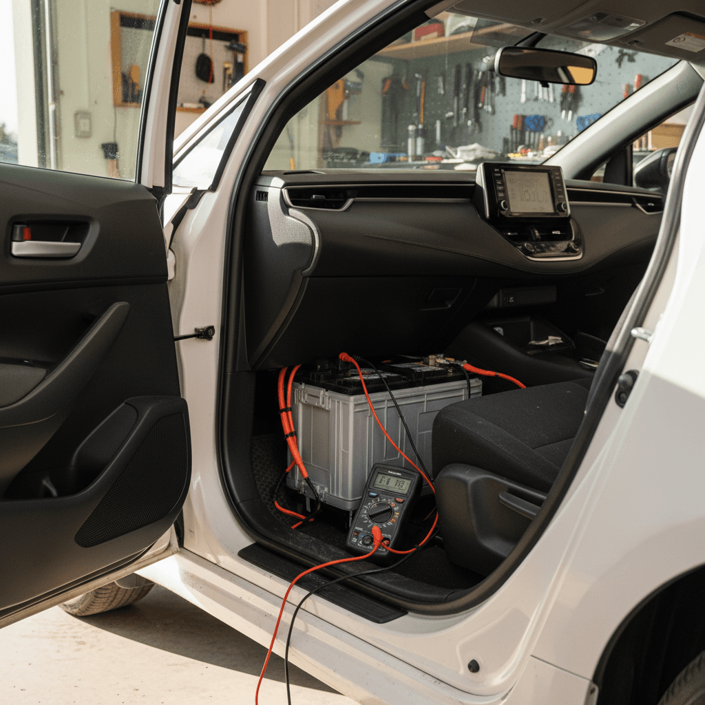 Front seats and dashboard of a late-model Toyota Corolla showing the simple, durable interior design.
