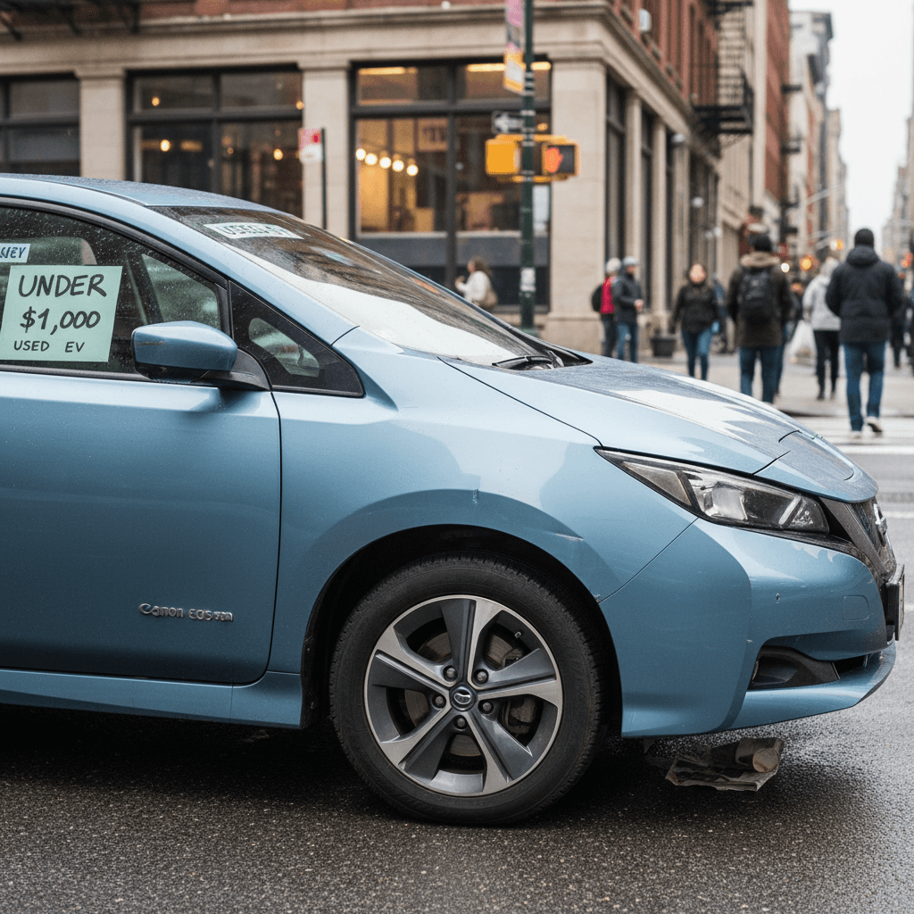 Row of used cars parked on a dealer lot in overcast light