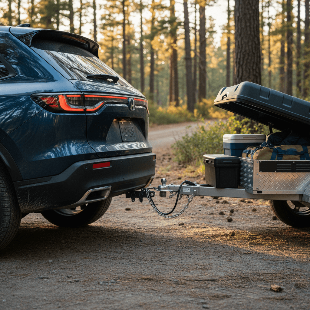 Honda Prologue rear three‑quarter view showing factory trailer hitch and a compact cargo trailer in a driveway
