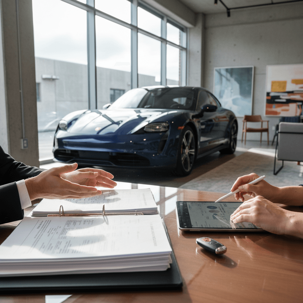 Porsche Taycan owner discussing insurance coverage options with an agent across a desk