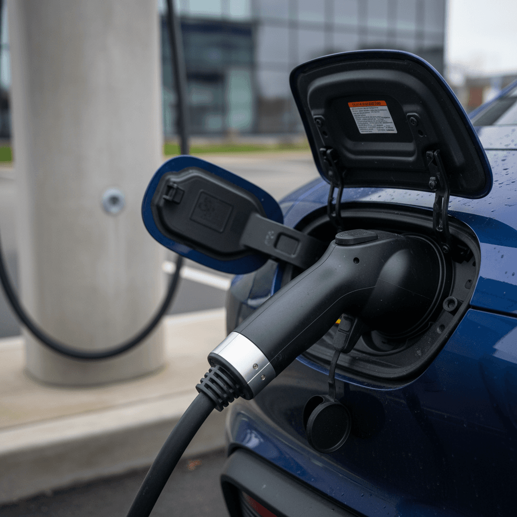 DC fast charging connector plugged into the charging port of a Porsche Taycan at a public station