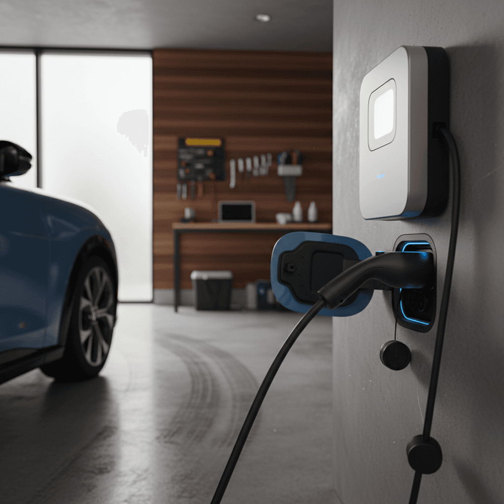 Ford Mustang Mach-E plugged into a wall-mounted Level 2 home charger in a modern residential garage