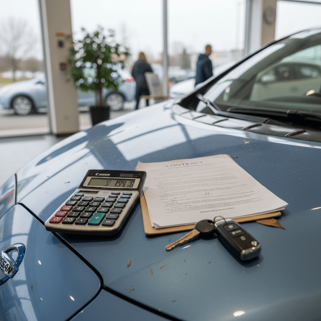 Used Nissan Leaf parked outside a dealership with paperwork and keys on a table