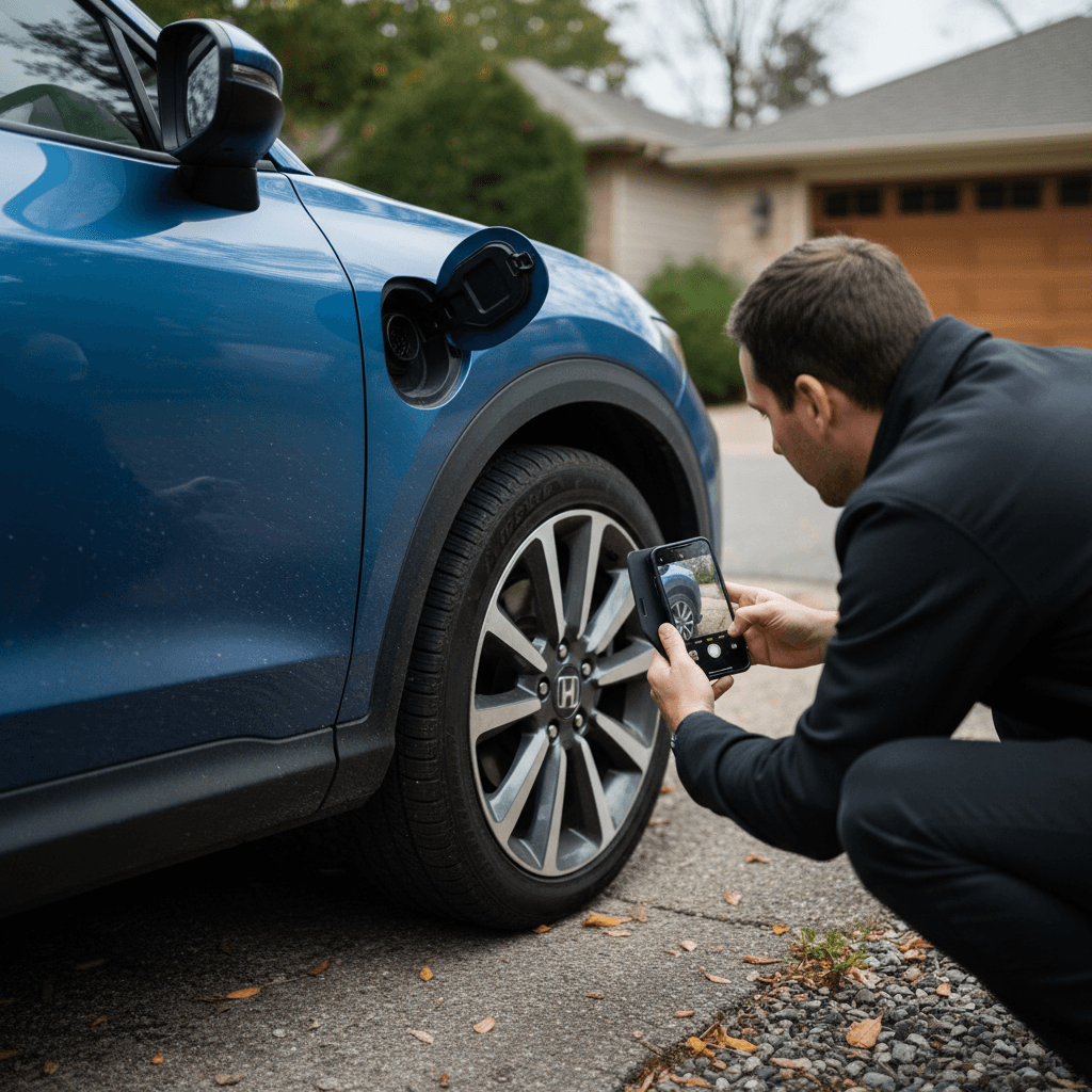 Owner photographing a clean Honda Prologue EV in a driveway while preparing to create a for sale listing