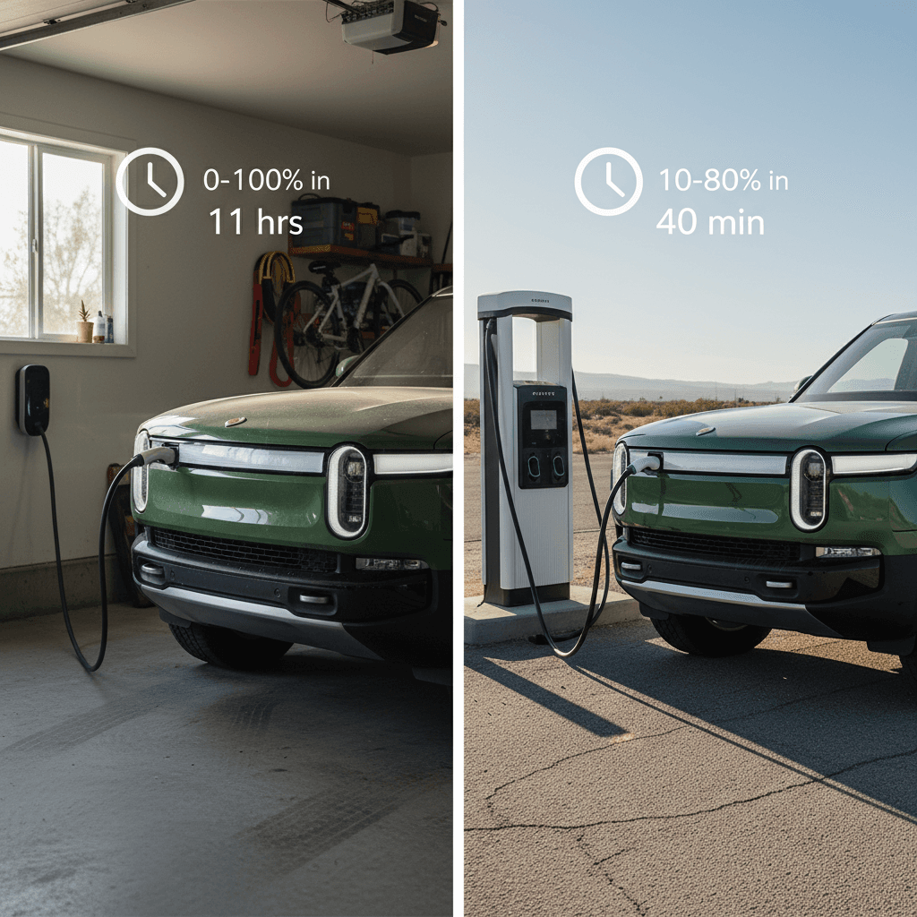 Diagram comparing Rivian R1S charging at home Level 2 versus DC fast charging, highlighting time from 10–80% and overnight charging