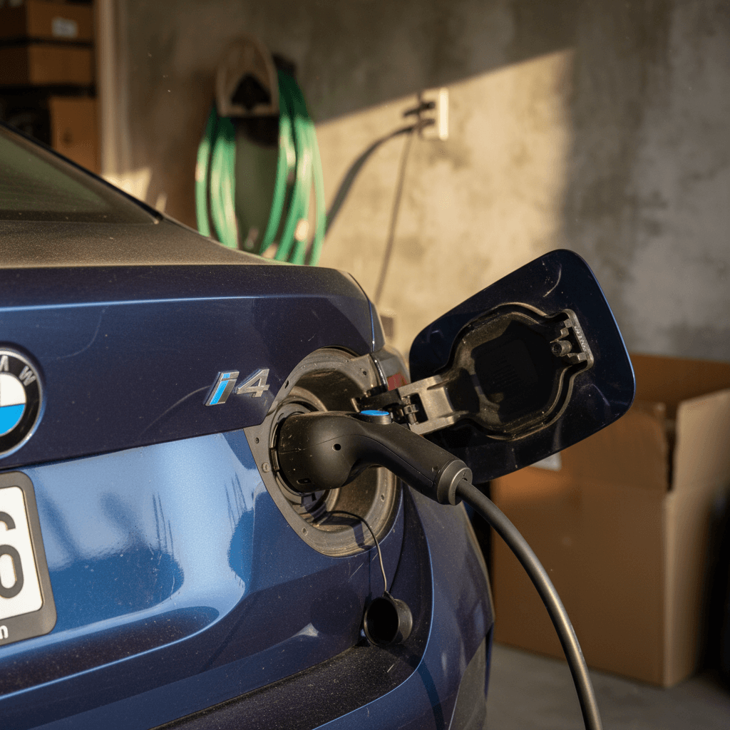 2022 BMW i4 charging at home, highlighting charge port and rear badging