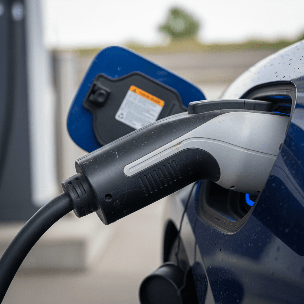 Wall-mounted Level 2 EV charger in a home garage with an electric car plugged in