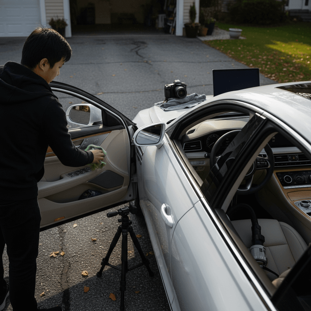 Owner cleaning and photographing a Genesis G80 Electrified sedan in a driveway before listing it for sale