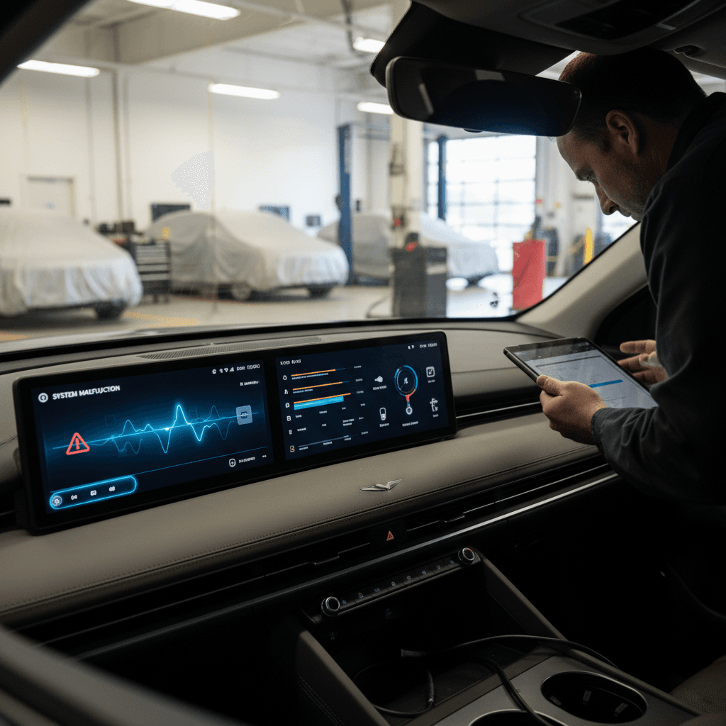 Technician inspecting windshield trim and A-pillar area on a Genesis GV60 in a service bay