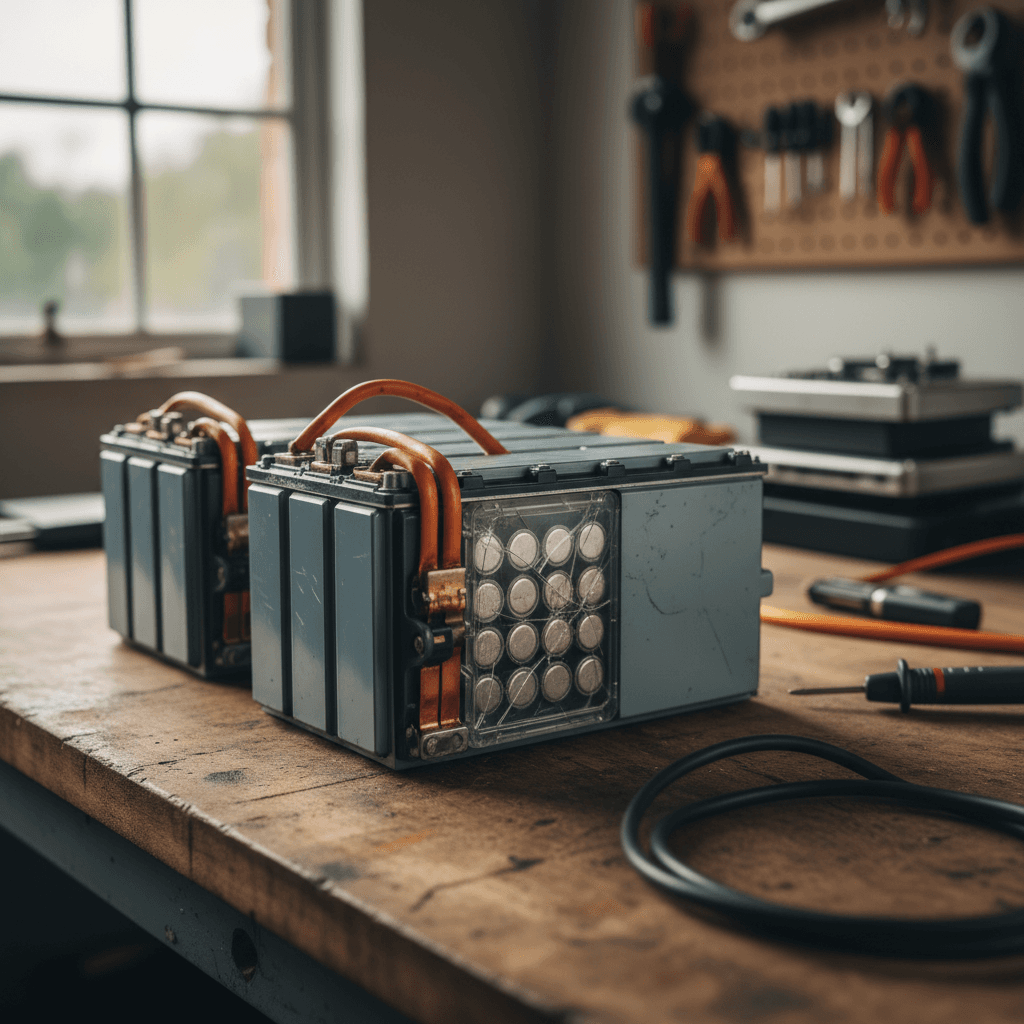 Underside view of an electric car showing the battery pack integrated into the chassis