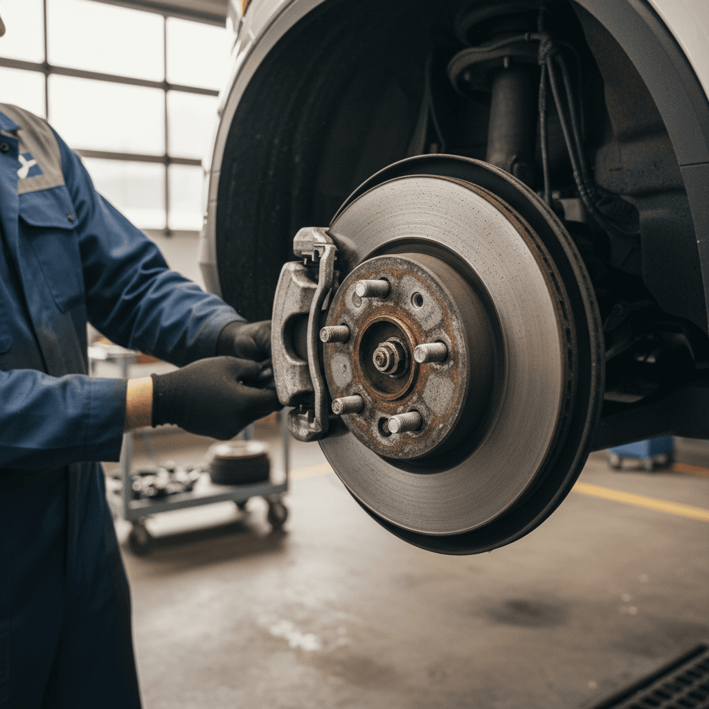 Mechanic inspecting front brake caliper and pads on a modern electric SUV similar to a Volvo EX30
